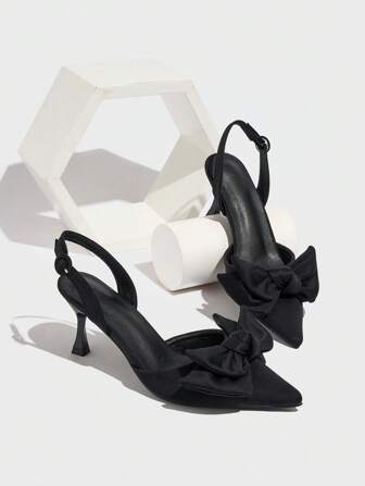 أحذية نسائية ذات كعب عالي مدبب الأصبع مزخرفة بفيونكة، طراز إطلالة الحفلات، كعب عالي من الساتان الأسود، مناسبة للصيف والخريف