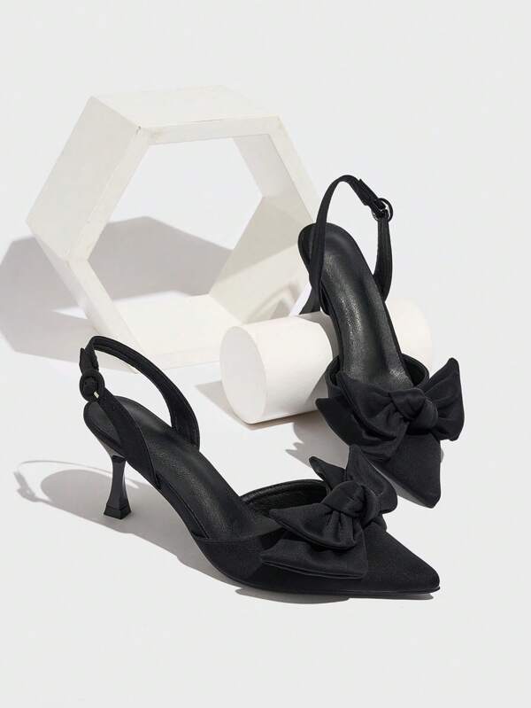 Women's Bow-Decor Pointed Toe Stiletto Heel Mules, Party Style, Black Satin High Heels, For Summer & Autumn