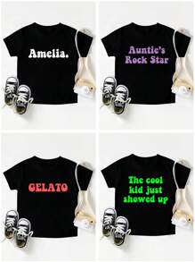 Customized Text, Spring/Summer Girls Toddler T-Shirt, Enter Your Text/Name/Birthday Wishes/Message/Funny Text, Team Uniform & Outdoor Wear Customization, Personalized Round Neck Short Sleeve Girls Tee, Black Top Customization, Holiday/Birthday/1st Birthday Gift, Cultural Shirt