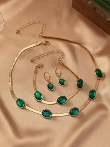 4 Stück/Set Vintage Boho-Stil Schmuckset mit grünem Edelstein besetzter Halskette, Armband und Ohrringe, modisch & elegantes Geschenk für Party, Bankett und täglichen Gebrauch - Grün - Übersicht 4