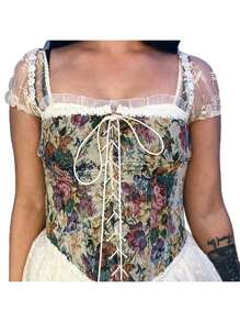 Womens Vintage Jacquard Bandage Camisole Sexy Boat Neck Flounce Irregular Suspender Corset - Impresión multicolor Q21TP254 - Ver 3