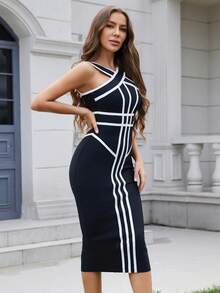 Women's New Arrival Spaghetti Strap Slit Bandage Cocktail Dress, Black Elegant Striped Party Gown