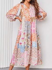 Vestido Maxi de Mujer de Mangas Linterna Estilo Bohemio con Cuello en V, Lazada, Bolsillos y Estampado de Retazos al Azar