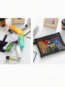 黑色网眼化妆包，带创意字母教师图案，气垫收纳便携式收纳包，化妆包，护肤包，旅行必需品，宿舍用品，浴室收纳，珠宝收纳，唇油和化妆品收纳包学校用品 - 黑色 - 查看 9