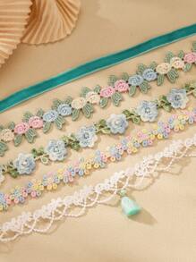 5 pièces Ensemble de colliers ras-du-cou à fleurs romantiques - Colliers ras-du-cou à fleurs crochetées et en dentelle - Cadeau de bijoux élégants pour femmes pour l'anniversaire, l'anniversaire de mariage