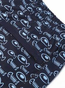 Herren Fischgrätenmuster Rundhals Kurzarm Lässig T-Shirt & Shorts Set mit Kordelzug Taille