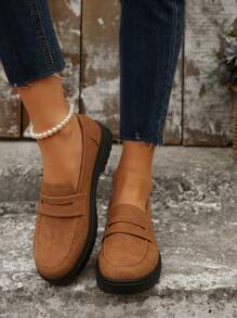 Women's Comfortable Thick Sole Casual Slip-On Loafers, Brown PU Leather, Fashion School Style Flat Oxfords, Suitable For Daily Commute, Autumn/Winter