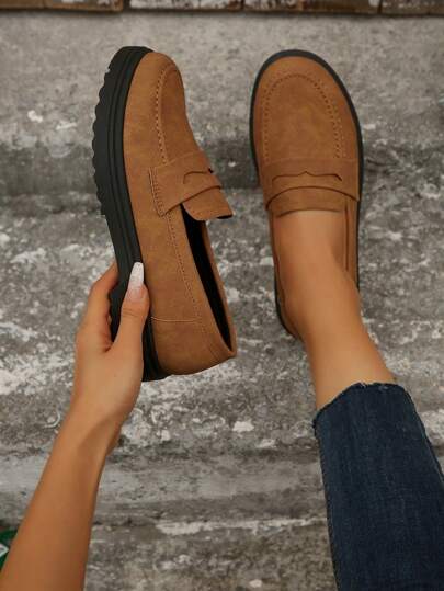 Women's Comfortable Thick Sole Casual Slip-On Loafers, Brown PU Leather, Fashion School Style Flat Oxfords, Suitable For Daily Commute, Autumn/Winter