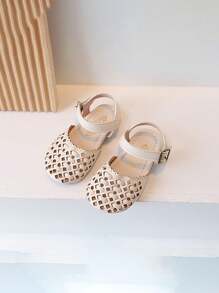 1 Pair Girls Simple Woven Beige Flat Sandals, Suitable For Indoor & Outdoor Wear, Princess Shoes For Summer - Beige - View 2