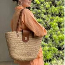 Bolsa Sacola Verão 2 Texturas Palha e Cotton Forrada Alça em Couro P.U S-5097 - Caramelo - Visão 2