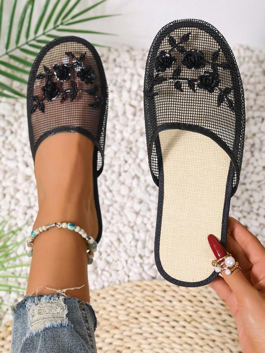 2024 Handmade Beaded Slip-On House Slippers With Mesh Fabric, Two-Way Wear For Indoor Or Outdoor