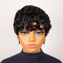 1 件女士短款卷发精灵短发真人发假发，150% 密度巴西雷米头发全机织假发，真人发黑色万圣节服装 - 黑色 - 查看 4