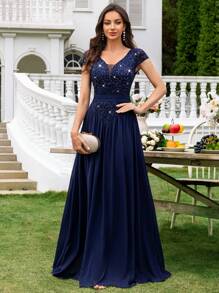 MIUSOL Contrast Sequin Lace Deep V-Neck Cap Sleeve Ruched Hem Evening Party Long Dress,Gown,Formal,Wedding Guest - Navy Blue - View 2