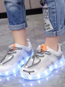 USB Rechargeable LED Light Up Mesh Breathable Sneakers For Boys, Girls, Kids, Children, Toddlers, Spring/Summer/Autumn, Casual Shoes, Running Shoes, Color Changing Night Light, Outdoor Sports Retractable Wheeled Roller Skate Shoes With LED Lights