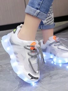 USB Rechargeable LED Light Up Mesh Breathable Sneakers For Boys, Girls, Kids, Children, Toddlers, Spring/Summer/Autumn, Casual Shoes, Running Shoes, Color Changing Night Light, Outdoor Sports Retractable Wheeled Roller Skate Shoes With LED Lights