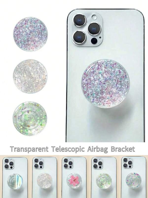 1 buc Suport airbag telefon transparent cu sclipici, Grip telefon, Suport de birou cu lipici picurat cu acoperire pulbere strălucitoare - Accesoriu telefon mobil, Potrivit pentru orice telefon mobil compatibil cu iPhone, telefon Android, Cadou pentru ziua de naștere, familie, prieteni Grip telefon push-pull, Suport telefon, Accesorii telefon
