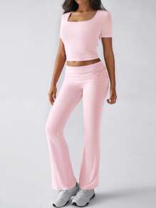 Women's Two-Piece Sports Casual Solid Color Sexy Slim Square Collar Short-Sleeved Top Micro-Cropped Pants Suit