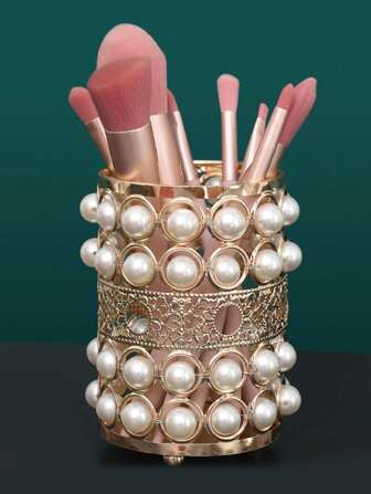 1件装仿珍珠美甲工具收纳盒，家用/办公桌水晶笔筒，可收纳化妆刷和铅笔，亦可作首饰盒、收纳袋、化妆刷架、香水收纳盒、化妆包，女士礼物，圣诞礼物，女士送礼佳品