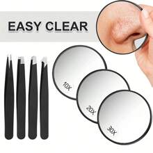 放大镜和镊子套装 - 10X、20X、30X 可选，3.5 英寸圆形带双吸盘，便携式高清镜子，用于眉毛镊子和旅行使用、化妆、便宜、房间装饰、梳妆台、旅行、卧室、化妆配件、镜子、梳妆镜、迷你镜、小镜子、小镜子、手镜