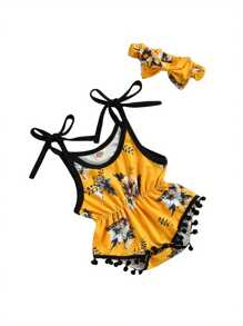 0-12M 2Pcs Breathable Baby Girls Outfit, Toddlers Summer Creative Fruit/Floral Printing Plush Ball Suspender Romper + Bow Headwear