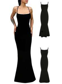 Women's Summer Spaghetti Strap Dresses Small Red Flower Design White Trim Sleeveless Slim Fit Long Bodycon Dresses - Black - View 4