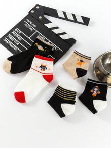 5 Pairs Kids Socks, Cute Baby & Toddler Short Socks, Popular Sports & Floor Socks, Rocket & Robot Print, Suitable For Boys, All Seasons