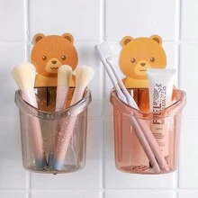 1pc Cartoon Bear Bathroom Organizer Rack, No-Drill Toothbrush Toothpaste Holder Wall Shelf