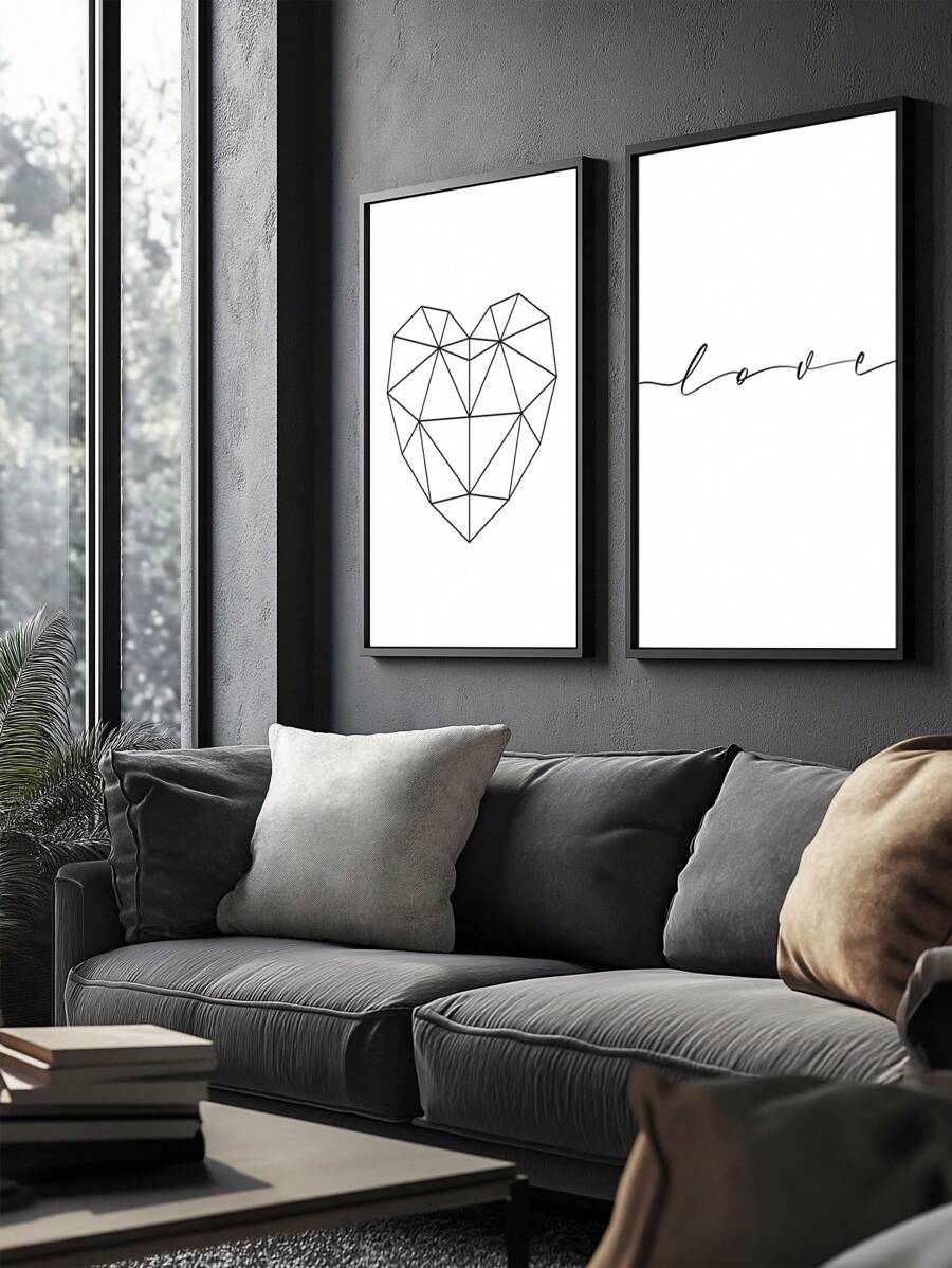 Kit 2 Decorative Love Heart Frames – Ideal For Living Room, Office, Entrance Hall, Bedroom And Modern Environments – Abstract Art For Elegant And Sophisticated Decoration - 黑色 - 查看 1