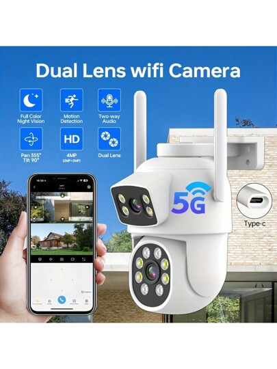 1pc 5G WIFI ,2MP+2MP Dual Len Wireless Outdoor Security Camera,Smart PTZ Home Surveillance Cameras 2.4/5Ghz Wifi,Indoor CCTV IP Cameras,Auto Tracking,Alarm Night Vision, Pan Tilt Rotation, Video Network Camera System Supports Two Way Audio view 2