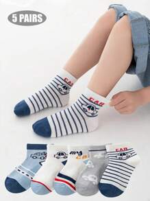 5 双卡通汽车图案儿童袜子，男童和女童网眼中筒袜，春夏