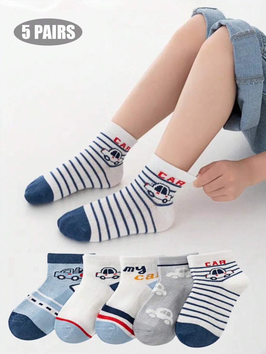 5 双卡通汽车图案儿童袜子，男童和女童网眼中筒袜，春夏