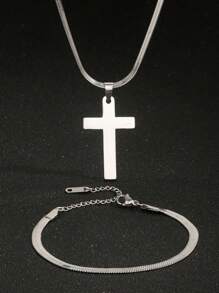 2 件套不锈钢复古男女款十字链吊坠项链和手链套装 - 銀色 - 查看 14