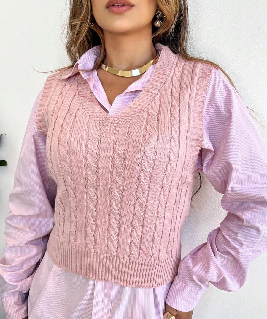 V-Neck Braided Knit Sweater Vest - Rusty Rose - View 1