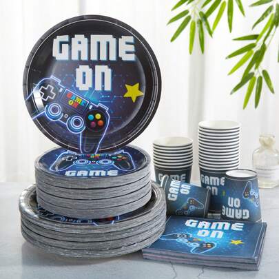 طقم أطباق وفوط ورقية على شكل وحدة التحكم في الألعاب - أطباق ورقية قابلة للتخلص من وحدة التحكم بقياس 7/ 9 بوصة ، فوط، أكواب بتصميم وحدة تحكم باللون الأزرق الداكن، أطباق ورقية، فوط، أكواب لديكورات وإمدادات حفل الألعاب