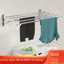 1pc Towel Rack, Stainless Steel Wall Mount Drying Rack, Solid Hook, Toilet Bathroom Shelf, Mobile Telescopic Folding Towel Holder Shelf, Bathroom Accessories - Silver - View 9
