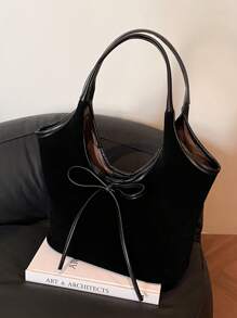 复古绒面革手提包大容量休闲单肩包，带字母浮雕、蝴蝶结装饰和抽绳，适合女士，优雅多用途通勤包