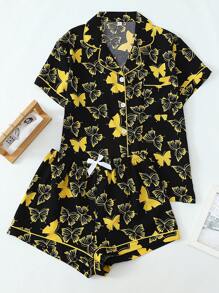 蝴蝶印花撞色滚边睡衣套装 - 黑色 - 查看 1