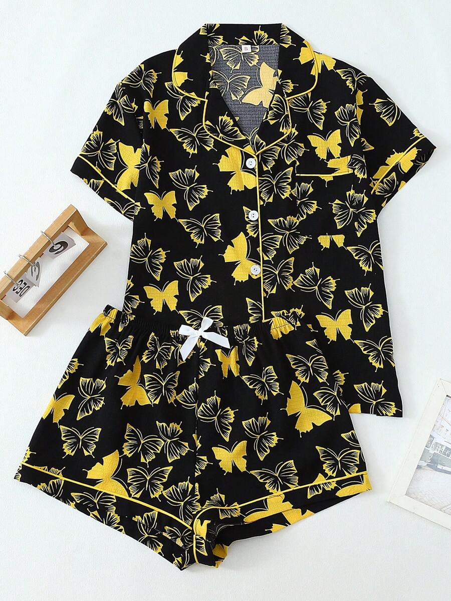 蝴蝶印花撞色滚边睡衣套装 - 黑色 - 查看 1