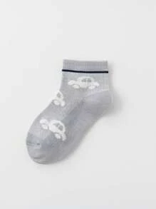 5 双卡通汽车图案儿童袜子，男童和女童网眼中筒袜，春夏