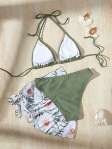 3pcs Set Women Floral Print Chiffon Dress & Bikini Set, Summer Beach Party Suit - Green - View 3