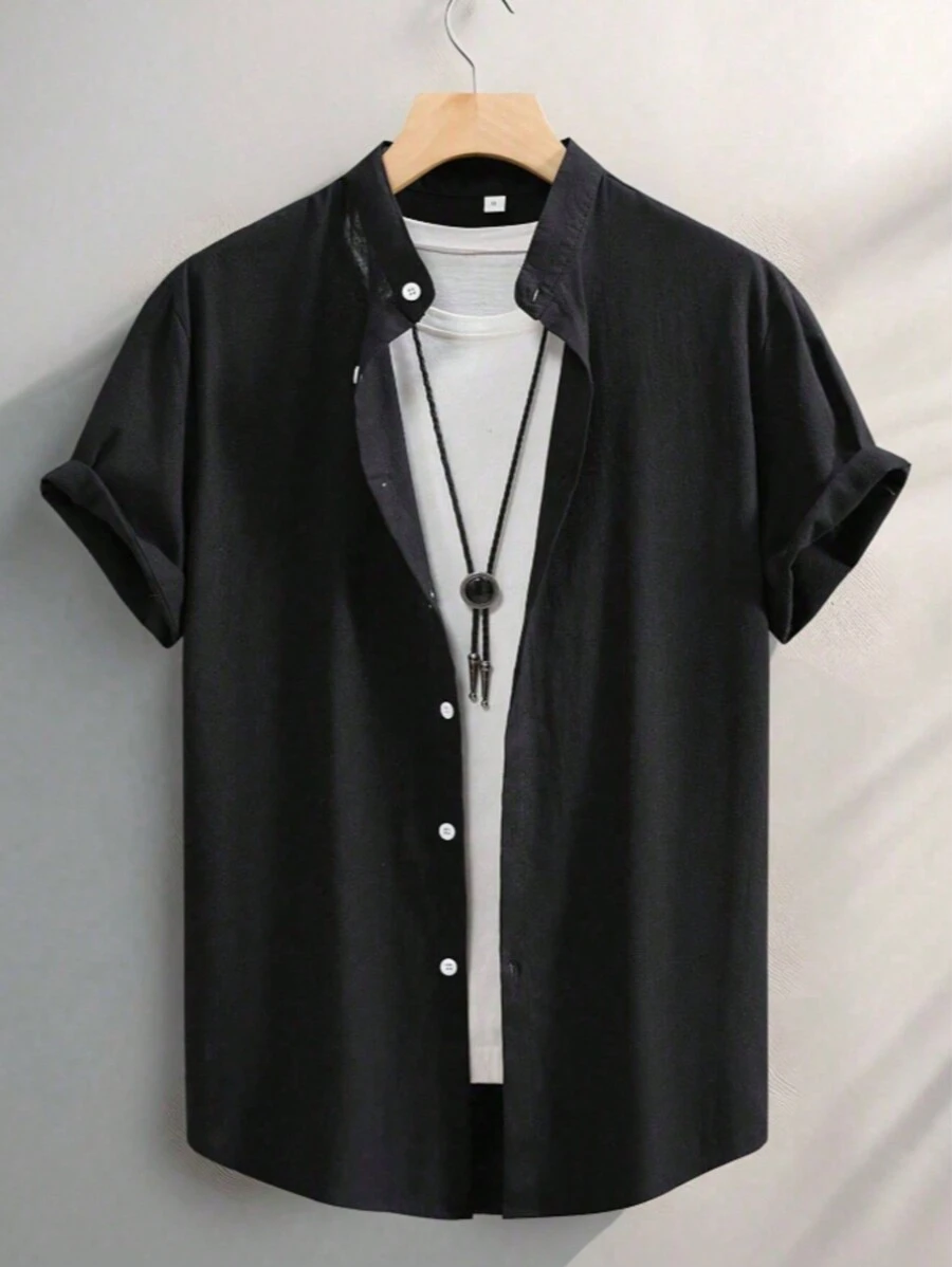 MEN'S TOP Shirt Priest Collar Short Sleeve Men's Formal Linen Shirt - màu đen - Xem 1