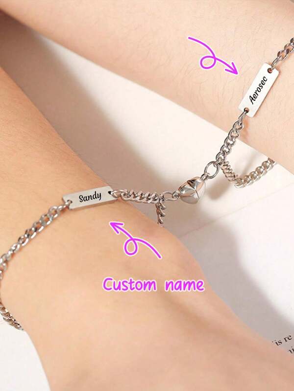 2pcs Custom Name Minimalist Magnetic Heart Shaped Couple Bracelet Set Matching Bracelets, Fashionable Stainless Steel Heart Shaped Magnetic Simpie Couple Bracelet, Ideal Holiday Gift, Valentine's Day Gifts,Silver,Stylish,Colorful,Vintage,Unisex,Hipster,Simple,Casual,Custom,Personalized,Unique,Ideal Gifts For Him,Ideal Gifts For Her,Her,Boyfriend,Girlfriend,Dad,Mom,Family,Friends,For Anniversaries,For Birthdays,For Graduation,For Prom,For Party,Jewelry Women,Elegant Outfit