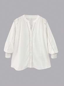 Women's White V-Neck Simple Lantern Sleeve Blouse Top - White - View 3
