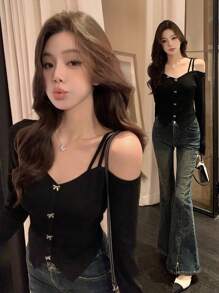 Elegant Black Bow Strap Sexy Open Shoulder Long Sleeve Top For Women, Suitable For Dates, Outings, And Commuting, Christmas, Autumn/Winter - Black - View 2