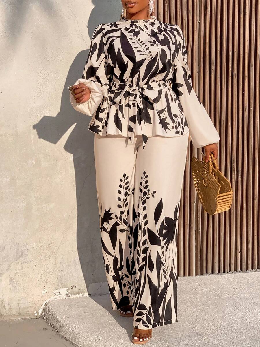 BIUBIU Women's Plus Size Floral Print Waist Cinched Shirt & Wide-Leg Pants Suit Two Pieces (Positioning Printing)