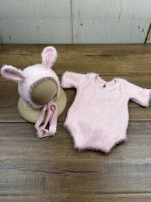 2pcs/Set Newborn Baby Photography Outfit, Soft Mink Velvet Bunny Ear Hat And Romper Set, Infant Growth Photography Props, Gift For Baby Boys & Girls