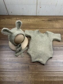 2pcs/Set Newborn Baby Photography Outfit, Soft Mink Velvet Bunny Ear Hat And Romper Set, Infant Growth Photography Props, Gift For Baby Boys & Girls