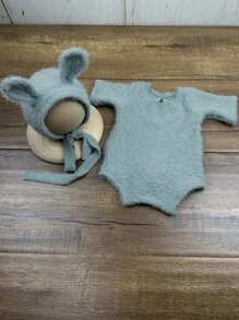2pcs/Set Newborn Baby Photography Outfit, Soft Mink Velvet Bunny Ear Hat And Romper Set, Infant Growth Photography Props, Gift For Baby Boys & Girls