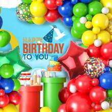 121 个红色和黄色生日气球套装，包括红色、黄色、蓝色气球以及红色和绿色铝箔星形气球，适用于生日、毕业典礼、单身派对装饰 - 彩色 - 查看 3