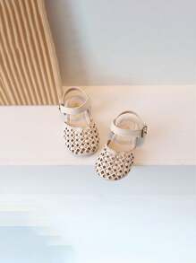 1 Pair Girls Simple Woven Beige Flat Sandals, Suitable For Indoor & Outdoor Wear, Princess Shoes For Summer - Beige - View 3